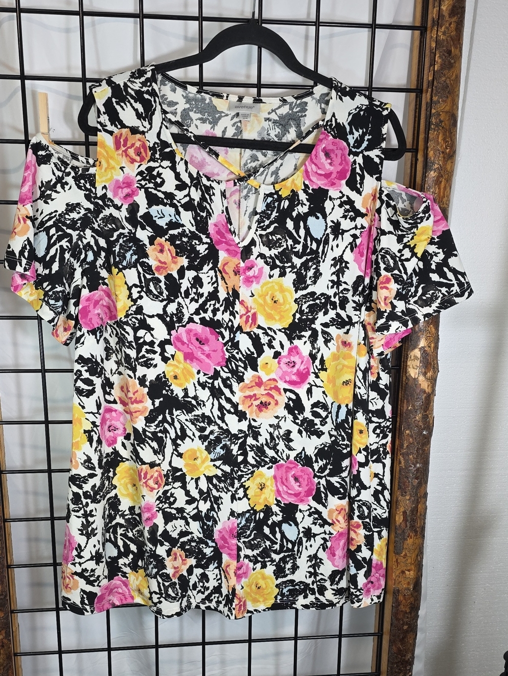 Avenue Cold-Shoulder Floral Blouse in Black, Pink & Yellow